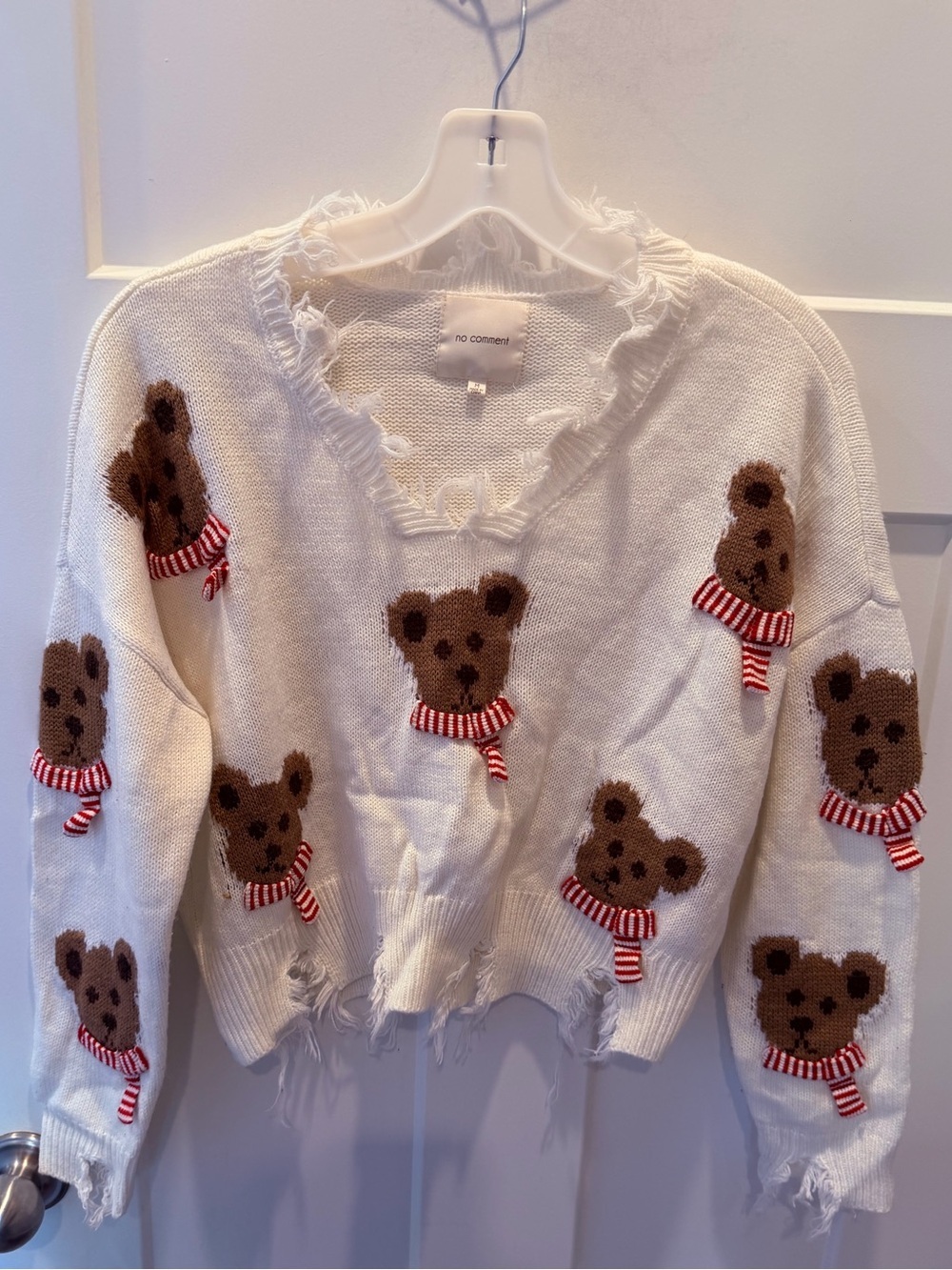 No Comment Teddy Bear Distressed Sweater Medium White Cozy Knit Pullover